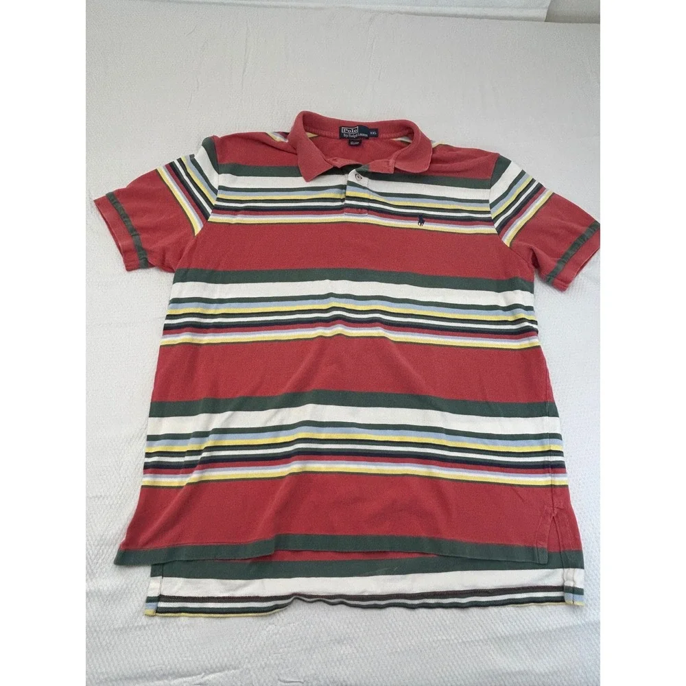 Polo Ralph Lauren Mens XXL Red Multi Color Striped Cotton Mesh Polo Shirt‎